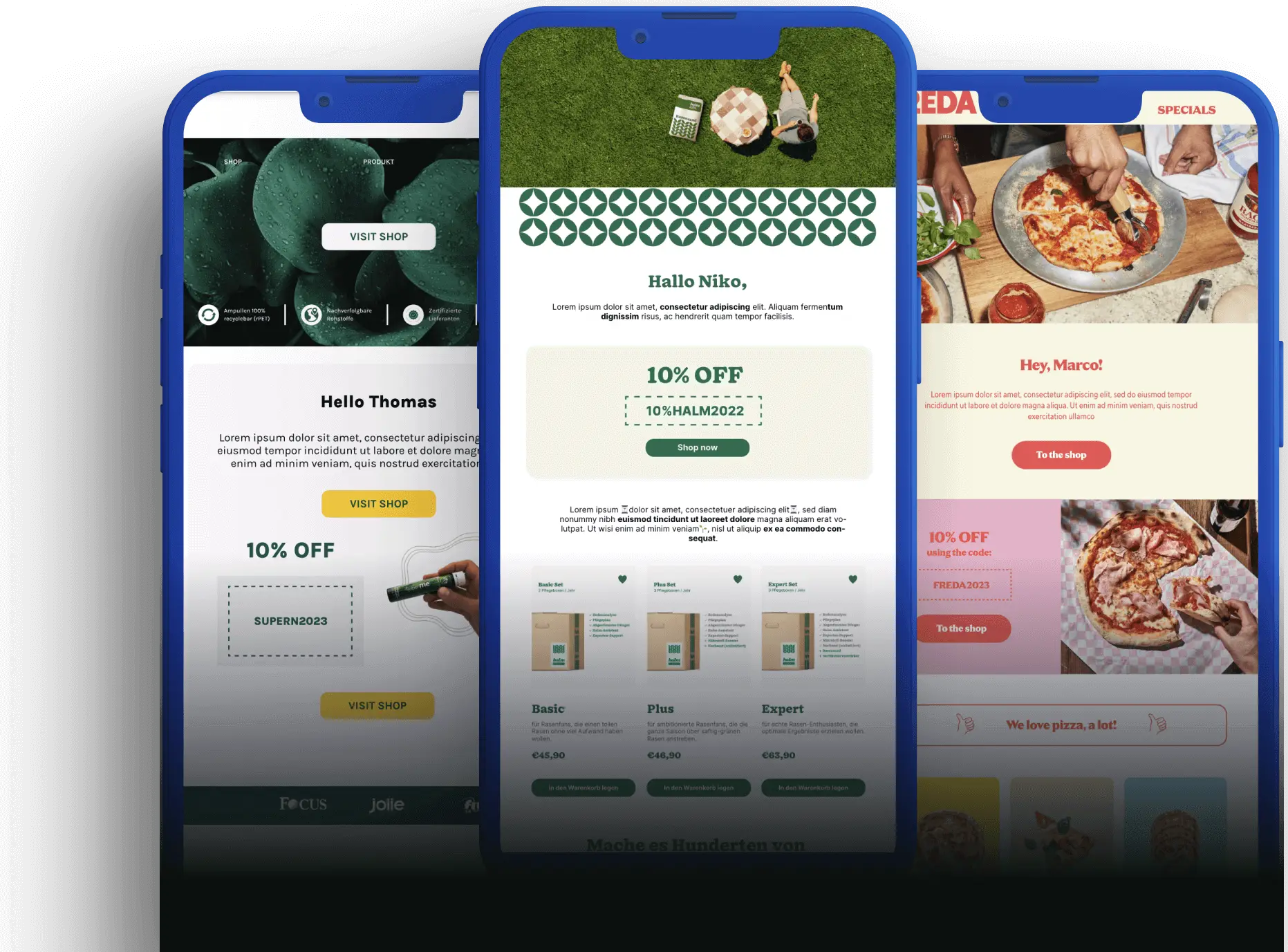 Beispiele für E-Mail-Kampagnen von D2C-Brands auf drei Smartphones